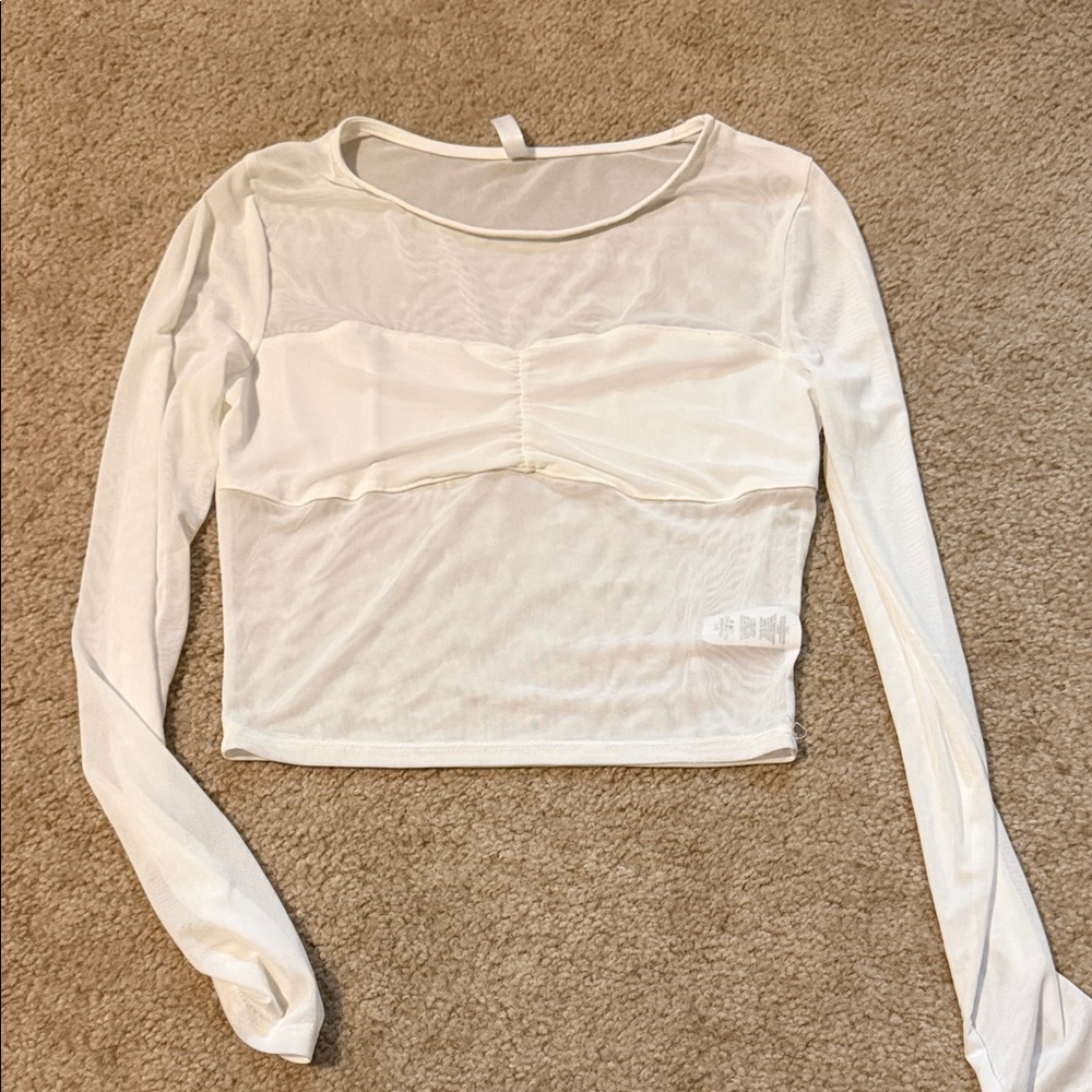 White Long-Sleeve Sheer Ruched Front Crop Top